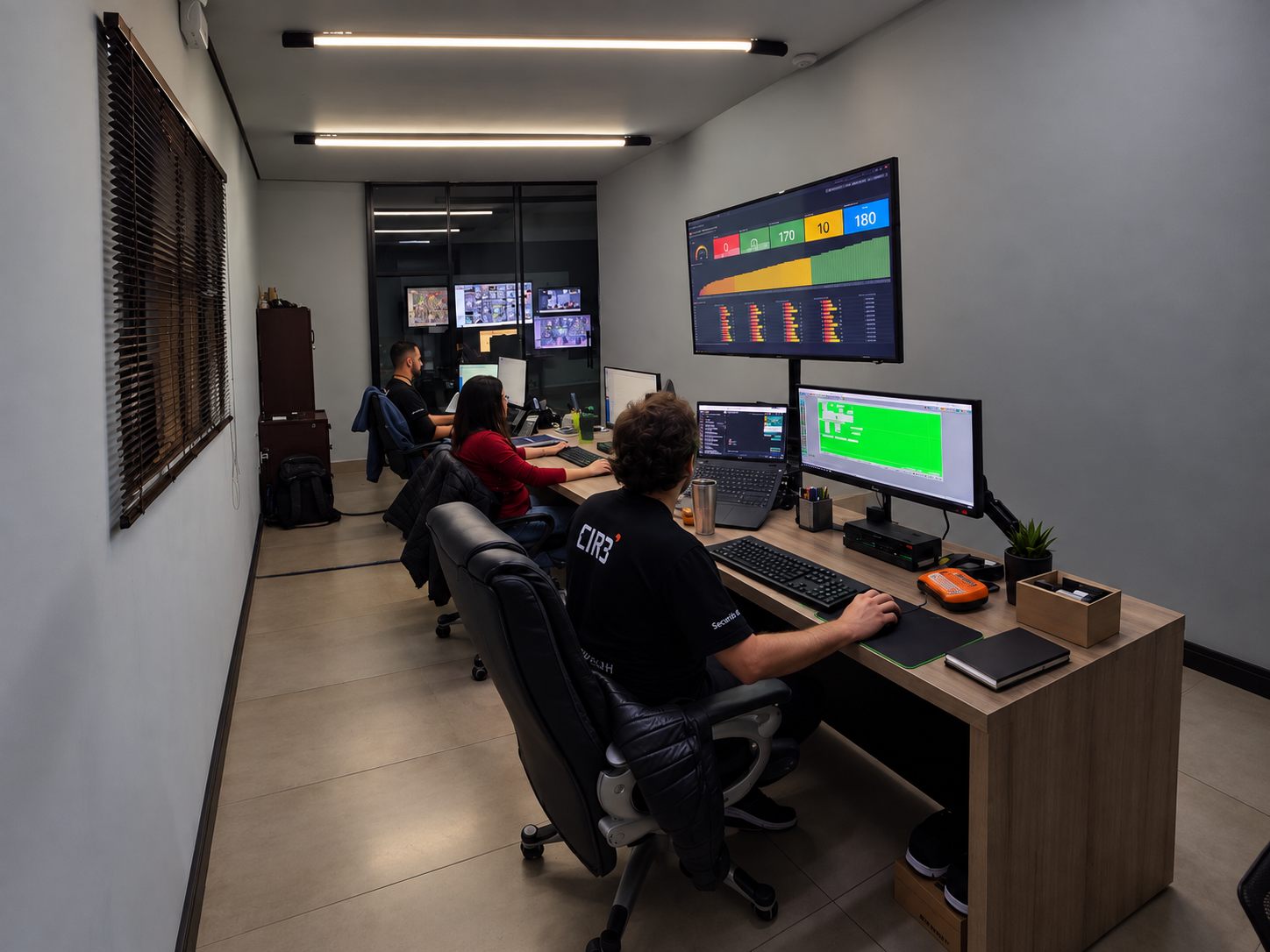 Equipe da CIRE trabalhando na central, com estações de atendimento e painéis de monitoramento